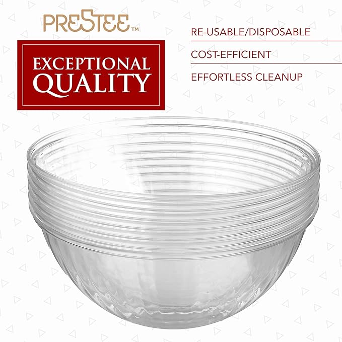 Prestee Clear Plastic Serving Bowls, 96 Oz. 6 Pack - Round Disposable Large Plastic Bowl, Punch, Party, Chip Bowl Containers for Candy, Salads, Parties, and Serving Food - Salad Bowls Dish for Eating
