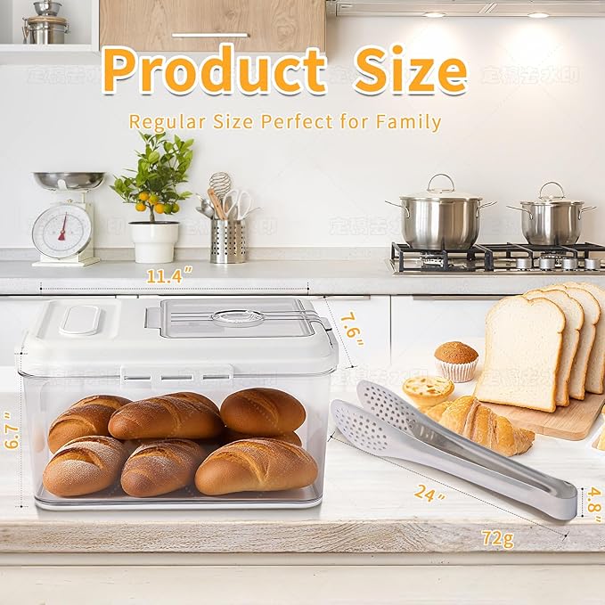 Bread Box For Kitchen Countertop With Bread Clip, Airtight Bread Storage Container, Time Recording Bread Keeper with Lid For Homemade Breads, Toast, And Cookies, White Bread Holder.