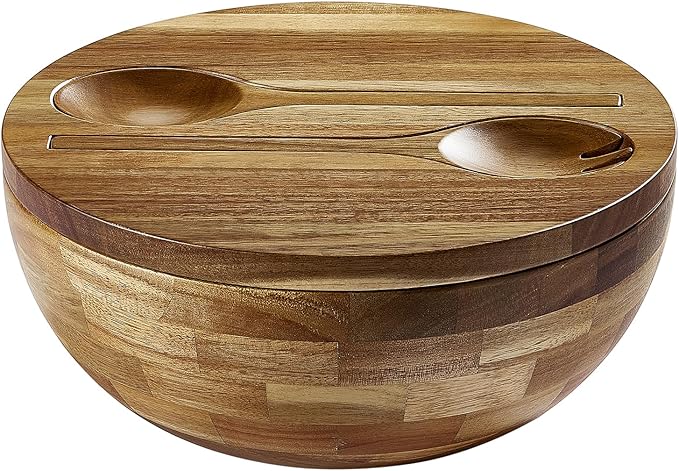 Wooden Salad Bowl, Salad Bowls, Large Salad Bowl with Serving Utensils, Big Mixing Bowl for Fruits, Salad, Cereal, Corn flake, Pasta 11.8" Diameter x 5.34" Height