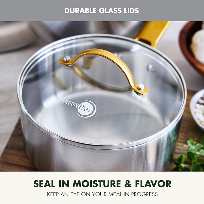 GreenPan Stainless Steel Tri-Ply Reserve 10 Piece Cookware Pots and Pans Set, Multiclad, PFAS-Free, Induction, Oven & Broiler Safe to 600°F, Heat Responsive Core, Dishwasher Safe, Glass Lids