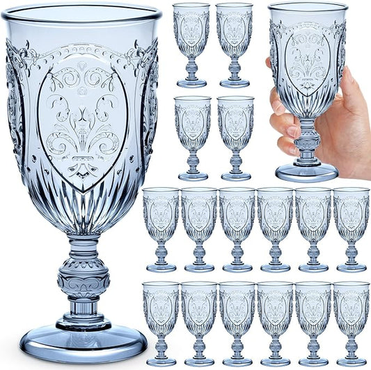 18 Pack Plastic Goblets 10oz Upgrade Vintage Water Goblet Plastic Wine Glasses Colored Retro Embossed Glassware for Party Wine Bar Juice Baby Shower Wedding Reception Grand (Blue)