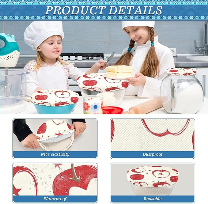 5 Pcs Bowl Covers Reusable in 5 Size Elastic Food Cover Cloth Lids Fresh Keeping Dish Cookware Bakeware Fabric Covers Lids for Food Leftovers Fruits Storage Red Apple Stars