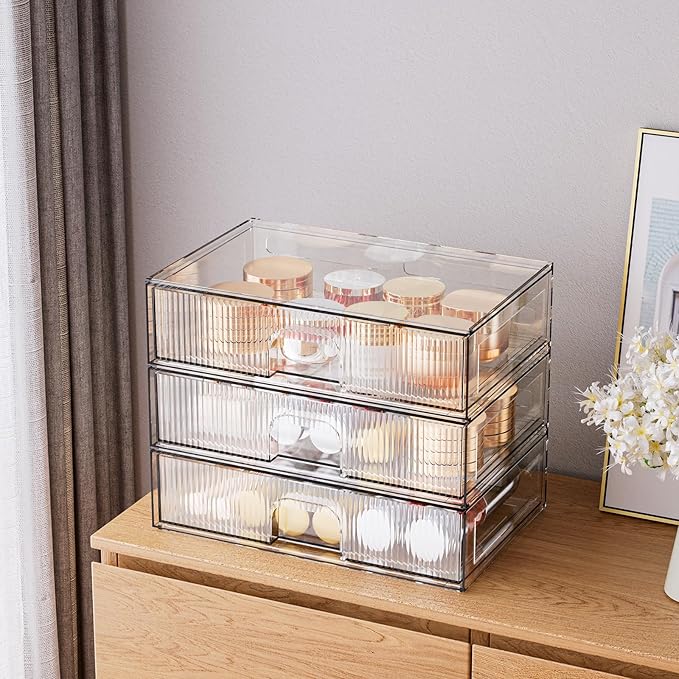 ZHIAI Stackable Storage Drawer, 3 Piece Acrylic Organiser for Cosmetics and Beauty Products, Suitable for Dressers, Bathrooms, Cabinets, Storage Rooms, Bedrooms and Home Organisers