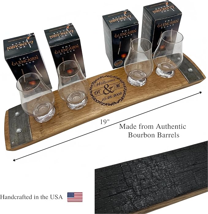 Personalized Premium 4 Glass Whiskey Flight/Engraved Center/Personalized Gift/Crystal Glass Option/Natural Oak Color (Wedding/Anniversay)