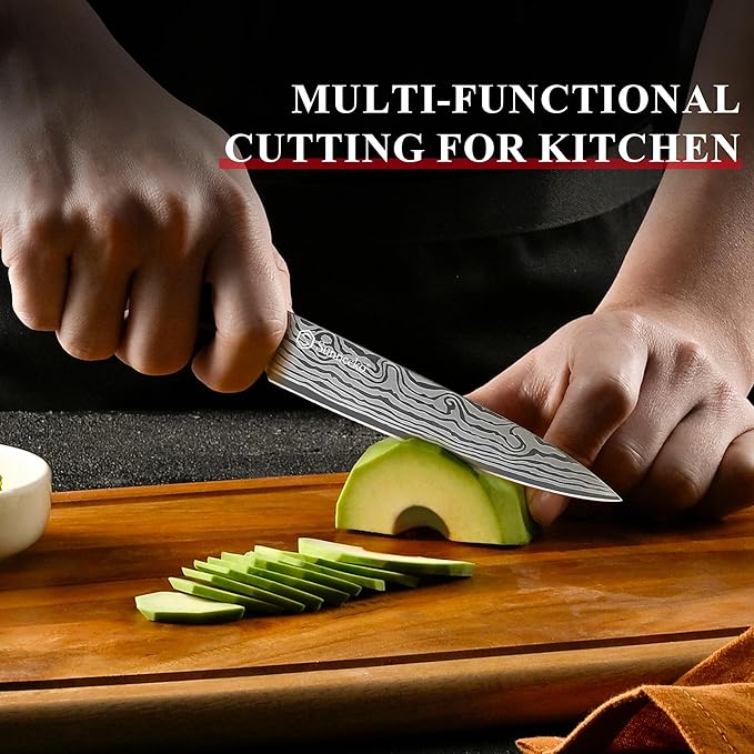 Sunnecko 5 inch Kitchen Utility Knife,Multipurpose Small Kitchen Knife,High Carbon Stainless Steel Paring Knife for Fruit and Vegetable Cutting.
