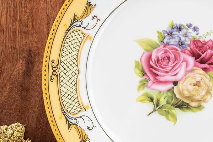 32 Piece Dinnerware Sets for 8 – Vintage Porcelain Plates, Bowls – White and Gold Rose Floral Design Dishware for Kitchen Table, Everyday Dining or Formal Use (Roses Gold)