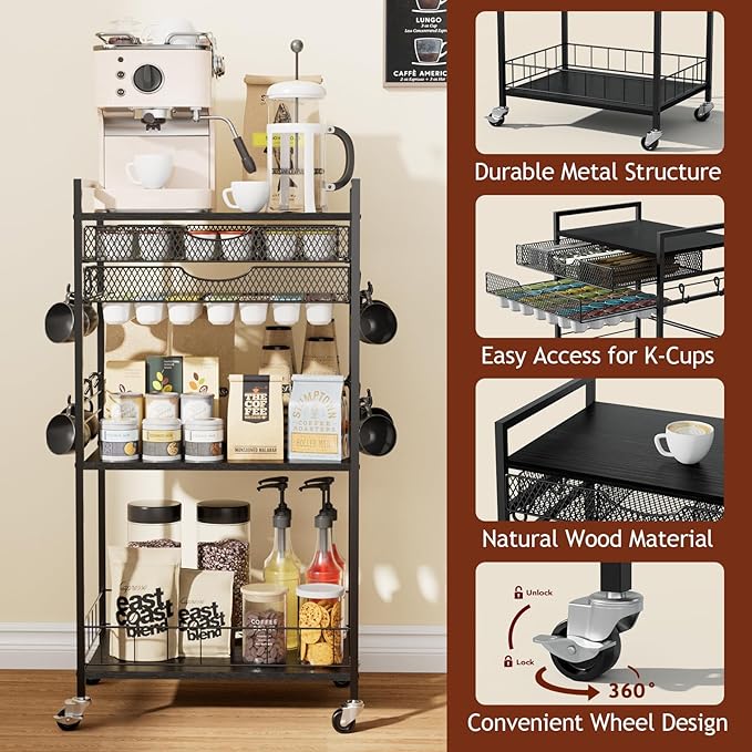 Coffee Bar Station with Storage Drawer - 5 Tier Coffee Table Countertop Organizer for K Cups, Tea Bags, Sugar Storage and Kitchen Cabinets (Black)
