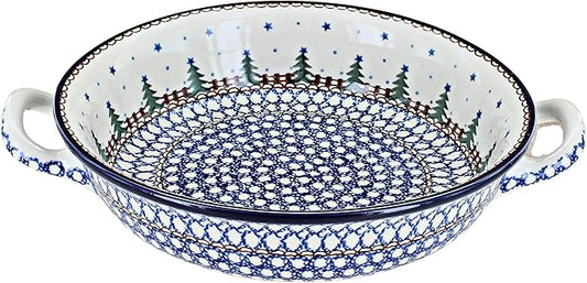 Blue Rose Polish Pottery - Blue Rustic Pines Small Round Casserole with Handles - 8.25" Diameter - Unique, Dishwasher Safe, & Durable Bakeware