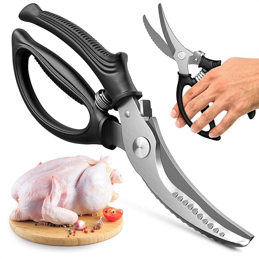Chicken Shears – Stainless Steel Heavy Duty Poultry Shears | Meat, Vegetables, Seafood | Fish Scale Remover & Bone Scissors | Non-Slip Serrated Saw-Like Edge, Safety Lock & Spring-Loaded Mechanism