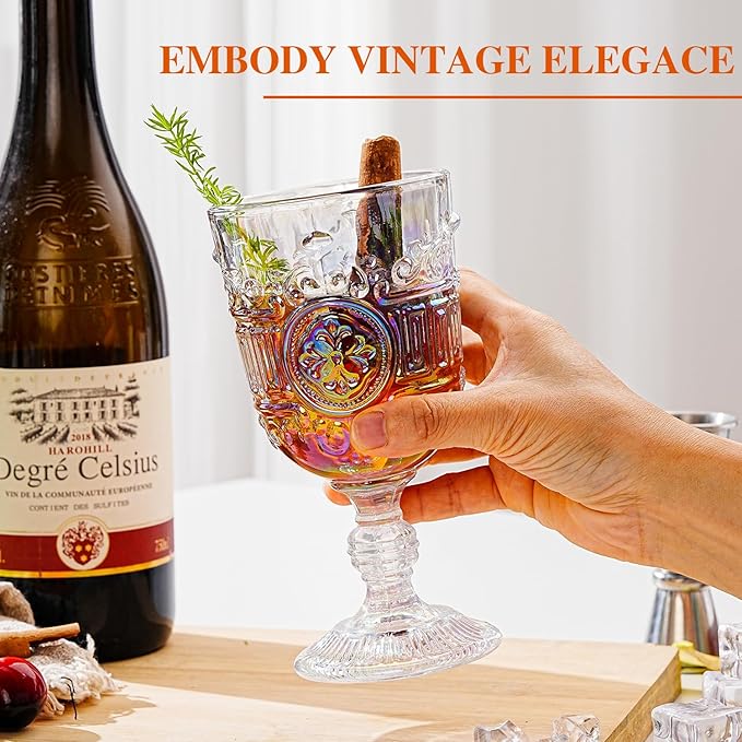 Sungmor Vintage Iridescent Wine Glasses – Set of 2 Embossed Goblets, 10 oz Decorative Glassware for Wine, Water, or Cocktails – Elegant Clear Drinking Glasses, Wedding & Party Drinkware