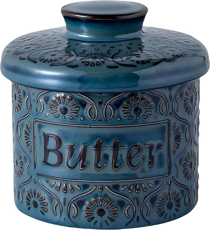 Ceramic Butter Crock with Lid, French Butter Dish with Water Line for Countertop, Butter Keeper for Spreadable Butter, Container Holder for Kitchen and Home Decor, 6.7 OZ, Vintage Blue