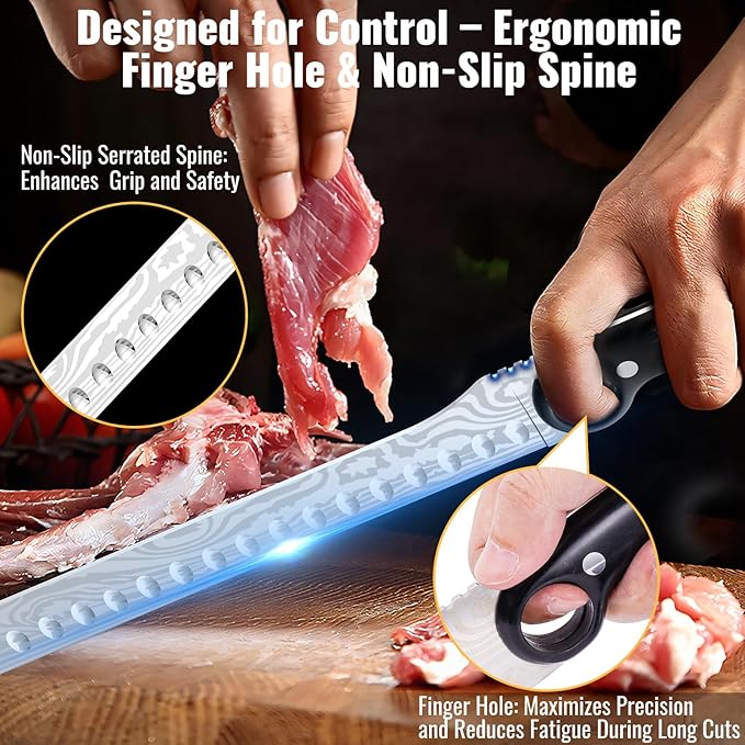 12-Inch Slicing Carving Knife with Unique Grip Ring & Non-slip Serrated Spine | Ultra-Sharp High-Carbon Stainless Steel Blade & Damascus Pattern for Brisket Meat Cutting | Pakka Wood Handle