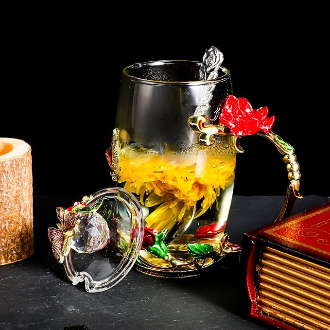 Nuanchu 4 Sets Flower Glass Tea Cups with Lids and Spoon Butterfly Vintage Glass Coffee Mugs Floral Fancy Clear Teacup for Christmas Women Mom Wife Girlfriend(Pink, Purple, Blue, Red,12 oz)