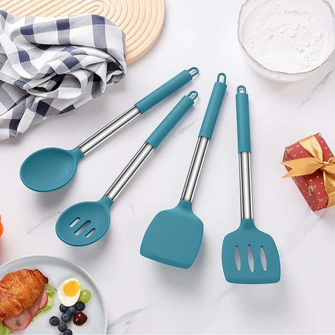 LIANYU Silicone Kitchen Cooking Utensils Set, 6Pcs Heat Resistant Kitchen Tools Spatula for Nonstick Cookware, Slotted Turner, Spoon, Soup Ladle, Pasta Server, Skimmer, Tongs, Blue