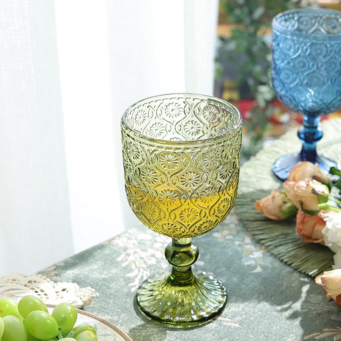 Joeyan Vintage Glass Wine Goblet,Green Embossed Floral Stemmed Wine Glasses,Colored Drinking Cups,Heavy-Duty Glassware for Wedding Party Bar,12 oz,Set of 4,Dishwasher Safe