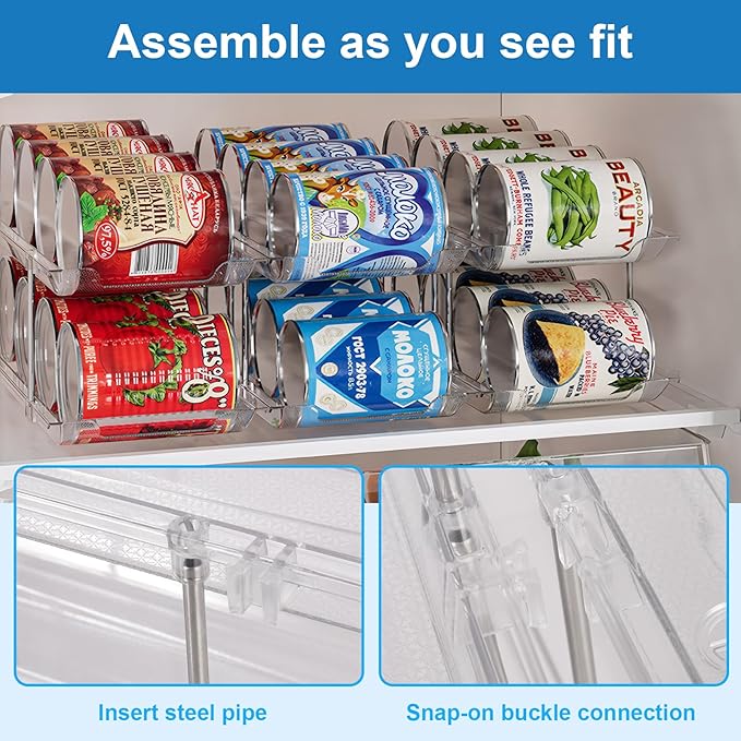 cjc 2 Pack 3 Sets 2 Tiers Clear Can Organizer for Pantry, Holds 48 Cans Stackable Can Organizer for Fridge, Soda Pantry Organizers and Storage Auto-Rolling & Free Combination for Kitchen Cabinet