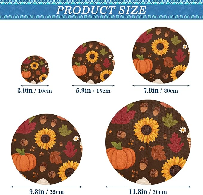 5 Pcs Bowl Covers Reusable in 5 Size Elastic Food Cover Cloth Lids Fresh Keeping Dish Cookware Bakeware Fabric Covers Lids for Food Leftovers Fruits Storage Sunflowers Maple Leaves Pumpkins