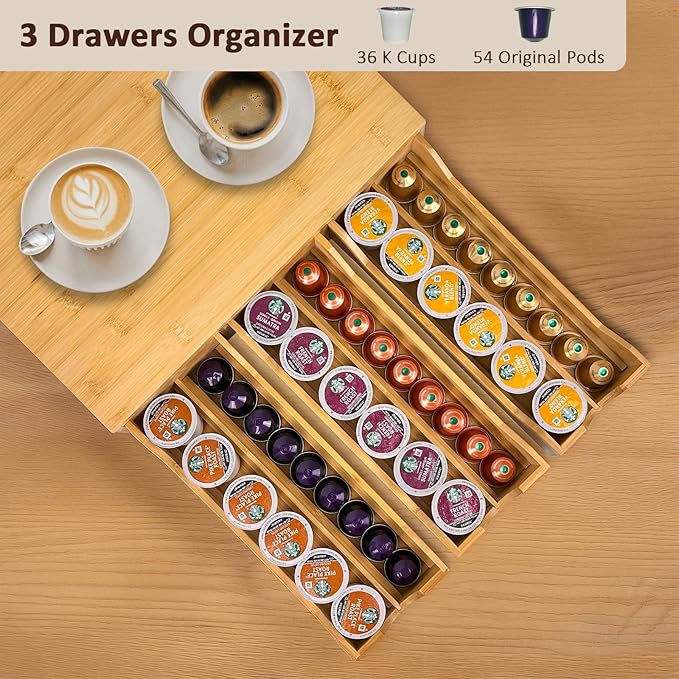 Bamboo Coffee Pod Drawer，K Cup Organizer for Counter, Coffee Pod Holder Holds Up 36 K Cups or 54 Originalline Pods, Tea Bag Storage Organizer for Kitchen Counter Office with 3 Drawers