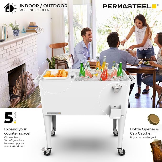 Permasteel 80 Quart Party Cooler, Rolling Ice Chest with Wheels and Handles for Indoor Outdoor Patio