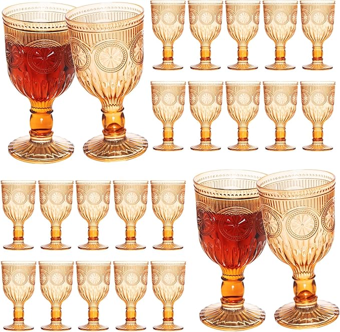 24 Pack Vintage Wine Glasses, Plastic Reusable 12 Ounce Colored Water Goblets, Unique Flower Embossed Pattern Unbreakable Stemmed Wine Glasses High Clear Wedding Party Bar Drinking Cups Amber