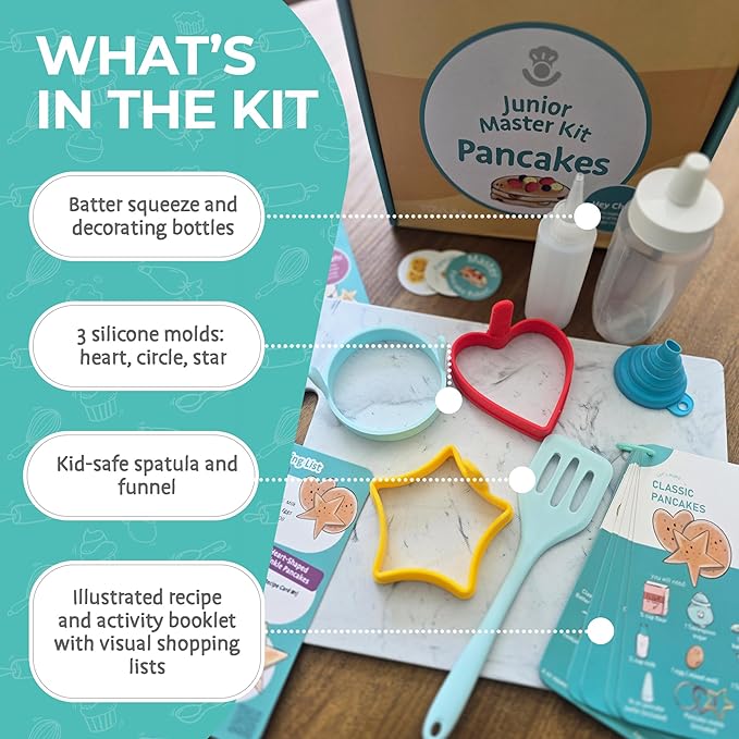 Tovla Jr. Kids Pancake Cooking Kit | Real Breakfast Set with Silicone Molds, Bottles, Spatula & Illustrated Recipes | Educational Gift for Ages 6–12, Perfect for Birthdays & Holidays