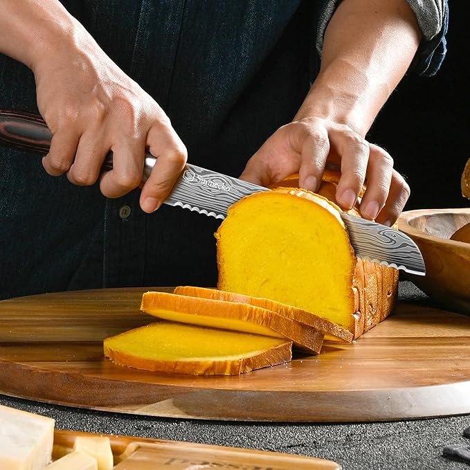 Sunnecko Bread Knife 8 Inch, High Carbon Stainless Steel Serrated Bread Knife for Homemade Bread, Wedding Cake Knife with Wooden Handle Serrated Kitchen Knife with Sheath