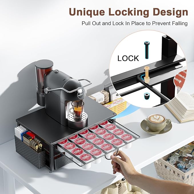 K Cup Holder, Coffee Pod Holder with 2 Tier Sliding Storage Drawer and 1 Hanging Basket for 51 Large or 73 Small Capsule,K Cup Coffee Station Organizer Accessories for Counter,Home,Office,Kitchen