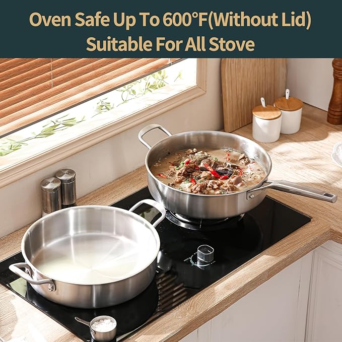 Saute Pan with Lid, 5 Quart Tri-Ply Stainless Steel Saute Pan, 12inch Deep Frying Pan with Lid, Large Skillet, Rondeau Pot with Lid Compatible with All Cooktops Up to 600℉