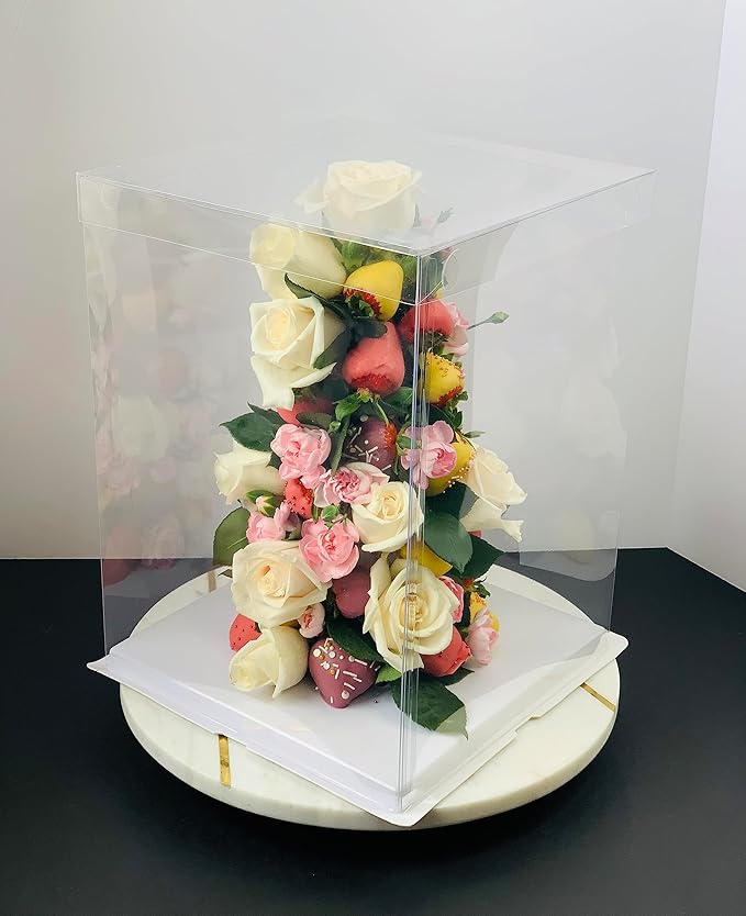 Square Clear Cake Boxes - Transparent Tall Cake Box with Ribbon - Gift Boxes with Lids for Birthday, Wedding, Party & Holiday (4 Sets, 10"L x 10"W x 12"H)