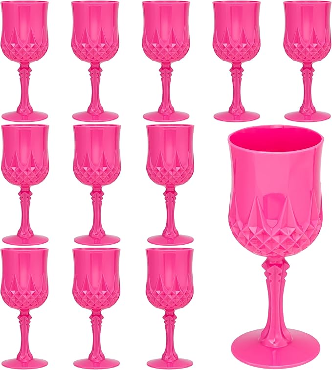 Plastic Vintage Wine Glasses 7OZ Plastic Goblets Vintage Drinking Glasses 12PCS Retro Wedding Glassware Water Goblets Reusable Drinking Cups for Party,Reception,Celebration,Bar,Whiskey(Rose Pink)