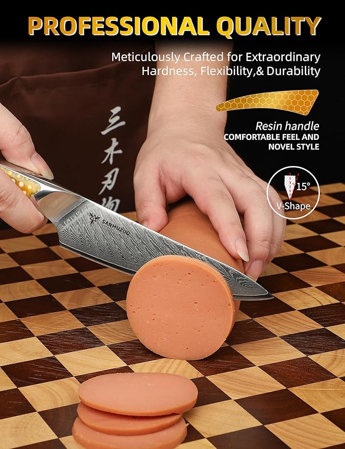 5 inch Utility Knife, Japanese VG-10 Damascus Steel Kitchen Knife, Ultra Sharp Fruit Knife with Full-tang Handle in Yellow Resin, LA-S9 Series