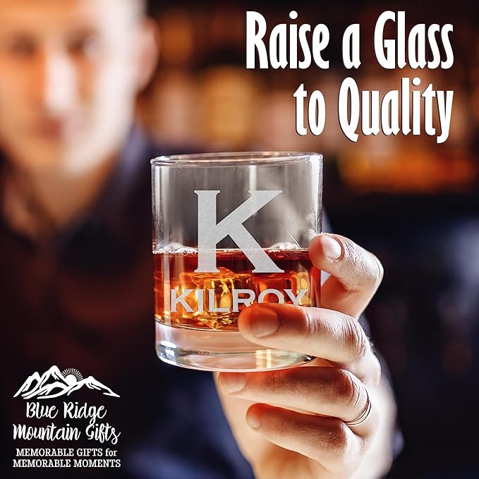 Blue Ridge Mountain Gifts - Custom Engraved Whiskey Glass - 11 oz Personalized Tumbler with Modern Monogram & Last Name - Classic Barware for Weddings, Groomsmen, Anniversaries & Father’s Day (5)