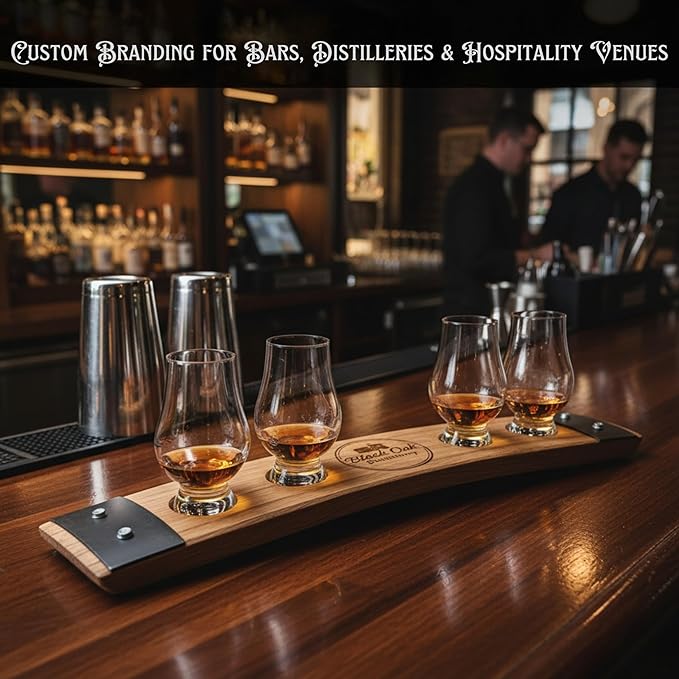 Personalized Premium 4 glass whiskey flight/engraved center/personalized gift/Crystal glass option/Natural oak color (Split Letter monogram)