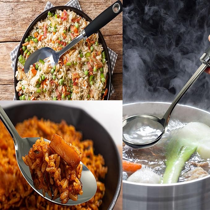 3-Piece Stainless Steel Cooking Utensils Set, Heavy Duty 18/0 14-in Large Serving Spoons Set, Slotted Spoon, Cooking Spoon & Soup Ladle, Kitchen Cooking Serving Utensils Set