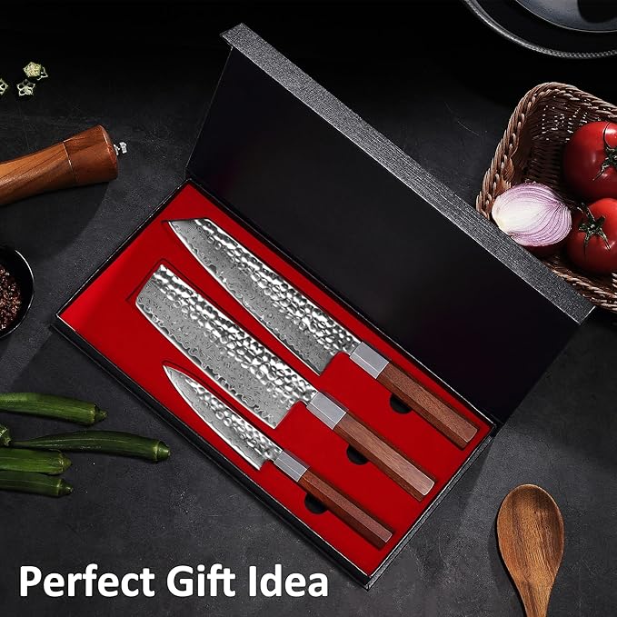 YOTSUBA 3PCS Japanese Chef Knives Set,Damascus Kitchen Knives Set with Hand-forged High Carbon Steel Blade,Ultra Sharp Cooking Knife Set with Ergonomic Wood Handle for Chopping Vegetable and Cooking
