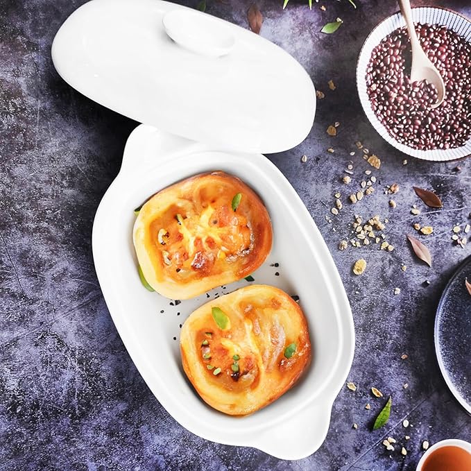 Casserole Dish with Lids, 2 Quart French White Ceramic Tureens, 12.8" x 7.9" Baking Dish, Serving Tureen Soup, for Casseroles, Lasagna Cookware Set, Microwave, Oven Safe