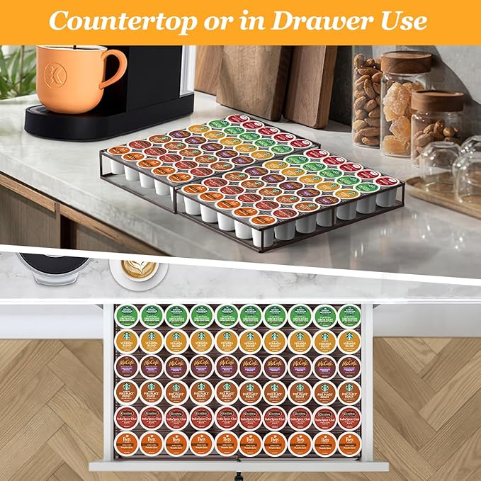 Coffee Pod Holder Drawer, Expandable K Cup Holder Compatible with Keurig K-Cup, K Cup Drawer Organizer Hold 35-70 Coffee Pod Storage for Coffee Station Office and Kitchen, Bronze