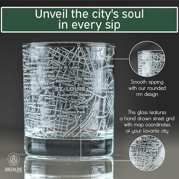 Greenline Goods Whiskey Glasses - 10 Oz Tumbler Set for St Louis lovers, Etched with St Louis City Map Old Fashioned Rocks Glass - Set of 2