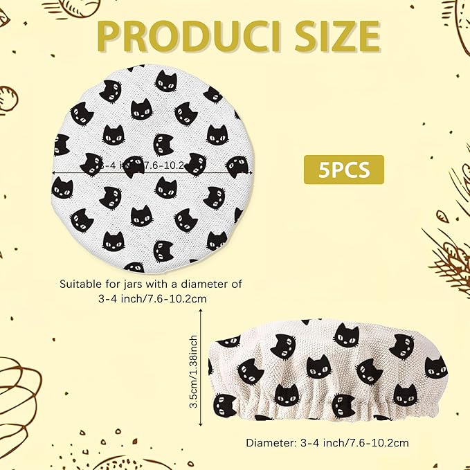 Black Cat Sourdough Starter Jar Covers Reusable,Breathable Fabric Lids for Mason Jars,Wide Mouth and Regular Mouth(5 Pack)