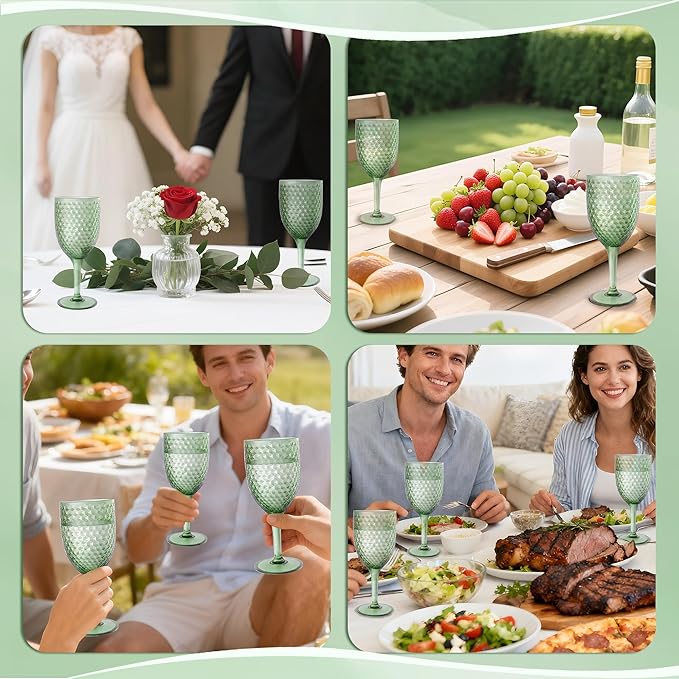 24PCS Gree Plastic Wine Glasses 13oz,Acrylic Goblets Toasting Glassware,Unbreakable Cups Drinking Glasses for Bar Party,Wedding