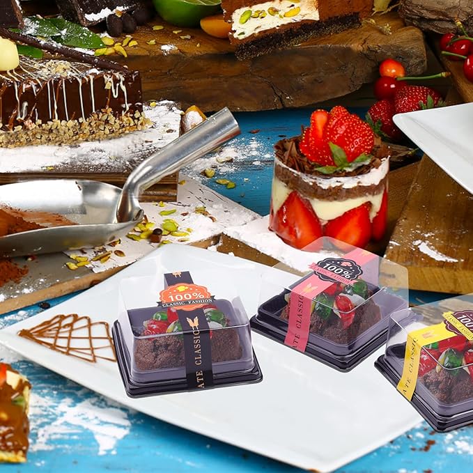 50 Pcs 3.5 Inch Mini Cake Containers - Clear Plastic Cupcake & Muffin Dessert Holders - Mooncake & Cookie Boxes - Wedding & Birthday Gift Box Set With 50 Pcs Stickers