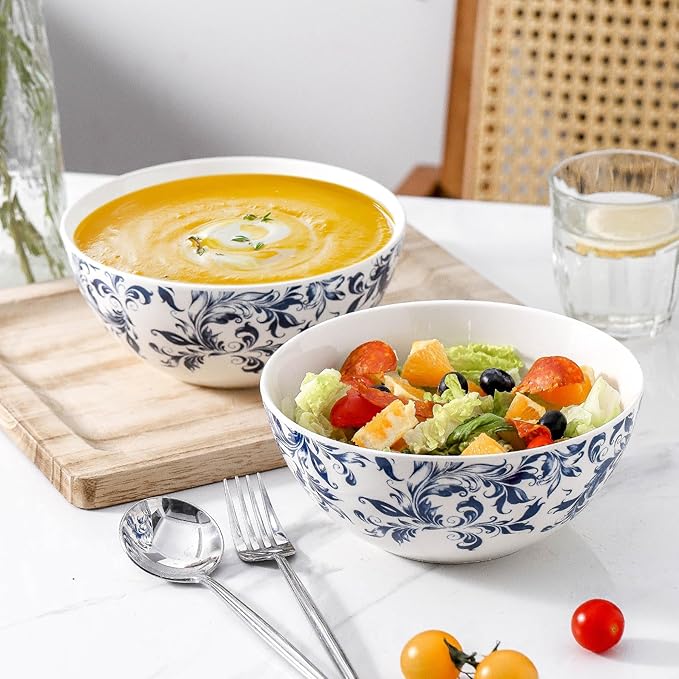 ramen bowl, salad bowl，mixing bowls，ceramic bowls, large cereal bowls, Large Soup Bowl, Pho Bowls, Fruit, Microwave Dishwasher Safe, 7 inch Blue and White 2 pack