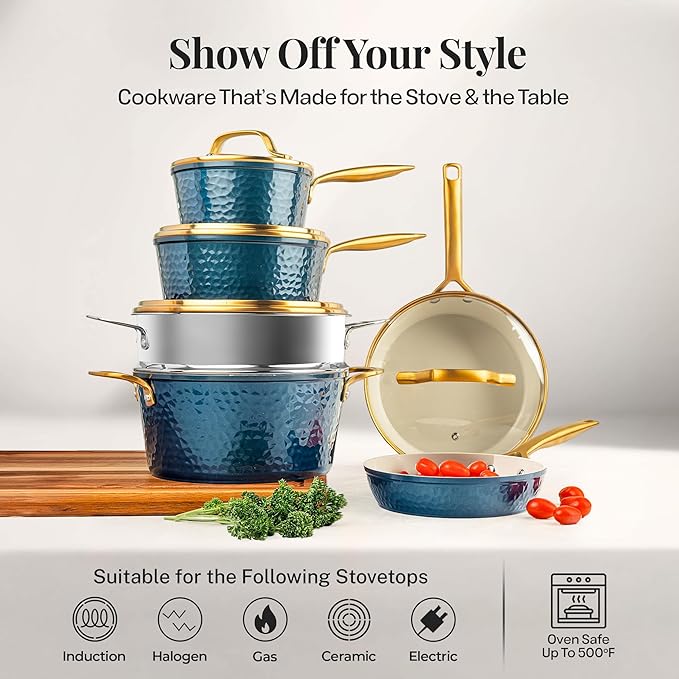 Gotham Steel Hammered 20Pcs Ceramic Cookware Set, Induction Pots and Pans Set Non Stick with Deep Fry Pan, Steamer, & Bakeware, Non Toxic PFOA PFOS Free, Oven & Dishwasher Safe