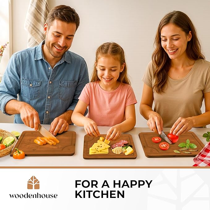 Wood Cutting Boards Set of 3 – Thick & Sturdy Bamboo Cutting Board with Deep Juice Grooves & Build-in Handles, Large Surface, Easy to Clean – for Meat, Vegetables and Fruits