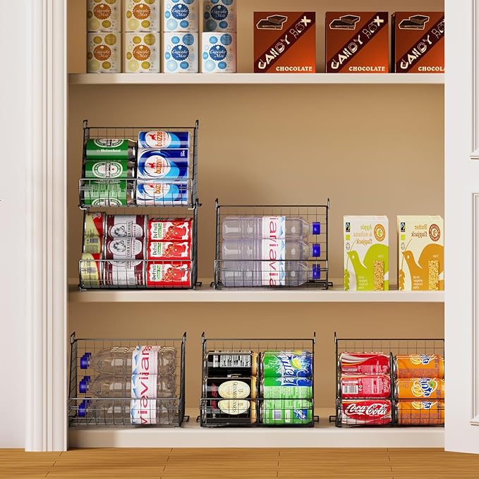 Stacking Can Dispensers 3 Tier with 3 Divider, Large Pantry Can Organizer, Beverage Drink Pop Soda Can Storage Basket, Can Holders for Pantry, Canned Food Rack Wire Bins for Kitchen Cabinet (3-Pack)