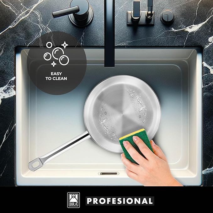 BRA COOKWARE Profesional Frying Pan | 9.5 inches Professional Skillet | Stainless Steel Pan w/o Non-Stick Coating | All Stovetop Compatible - Full Induction Skillet | 100% PFOA Free | Brushed Finish