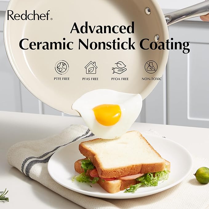 Redchef Ceramic Nonstick Cookware Set,14pcs Pots and Pans Set Non Stick,Induction Cookware with Stainless Steel Handle,Non Toxic Kitchen Cooking Set,Dishwasher & Oven Safe,PFAS PFOA & PTFE Free