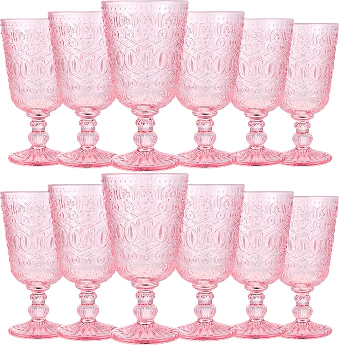 Eaasty Wine Glasses Set of 12 Vintage Goblet 9 oz Vintage Colored Glass Goblet Beverage Stemmed Glass Cups Romantic Embossed Glassware for Wedding Party Holidays Anniversary (Pink)