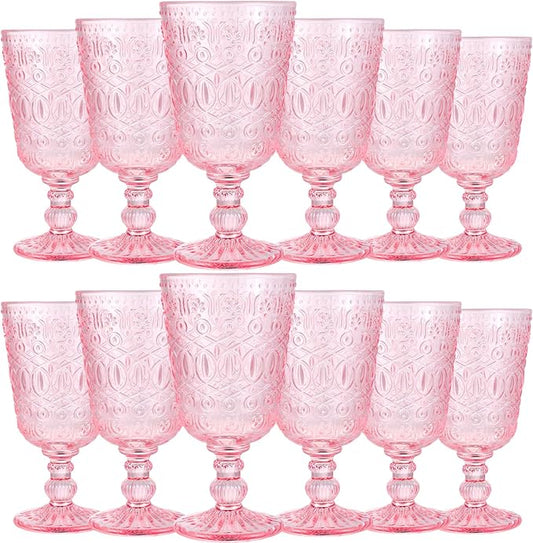 Eaasty Wine Glasses Set of 12 Vintage Goblet 9 oz Vintage Colored Glass Goblet Beverage Stemmed Glass Cups Romantic Embossed Glassware for Wedding Party Holidays Anniversary (Pink)