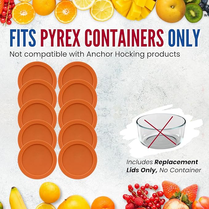 Replacement Lids for Pyrex 4-Cup Glass Food Storage Container Bowls, 6-Inch Plastic Round Lids Covers fits Pyrex 7201-PC, Airtight & Leakproof (10-Pack, Orange)